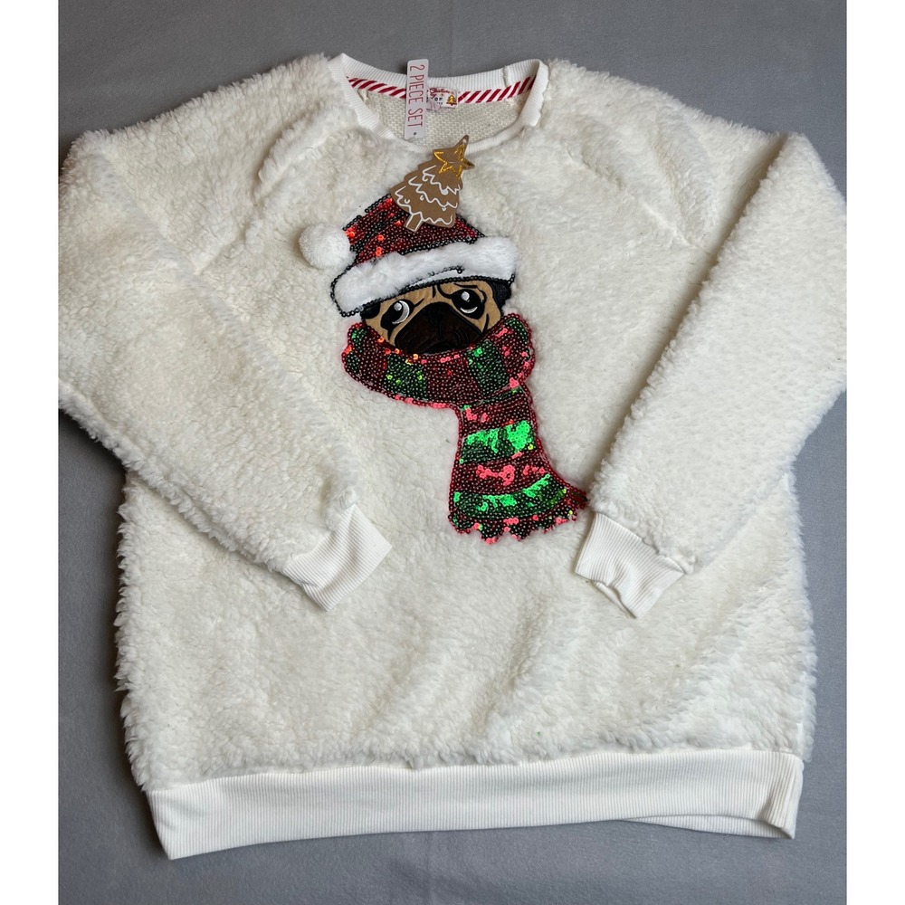 Poof Christmas Pug Sequin Sherpa Fleece Sweatshirt Cream White Junior M Holiday